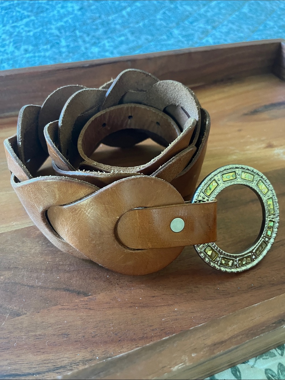 Women's Tan Braided Leather Belt with Decorative Metal Ring